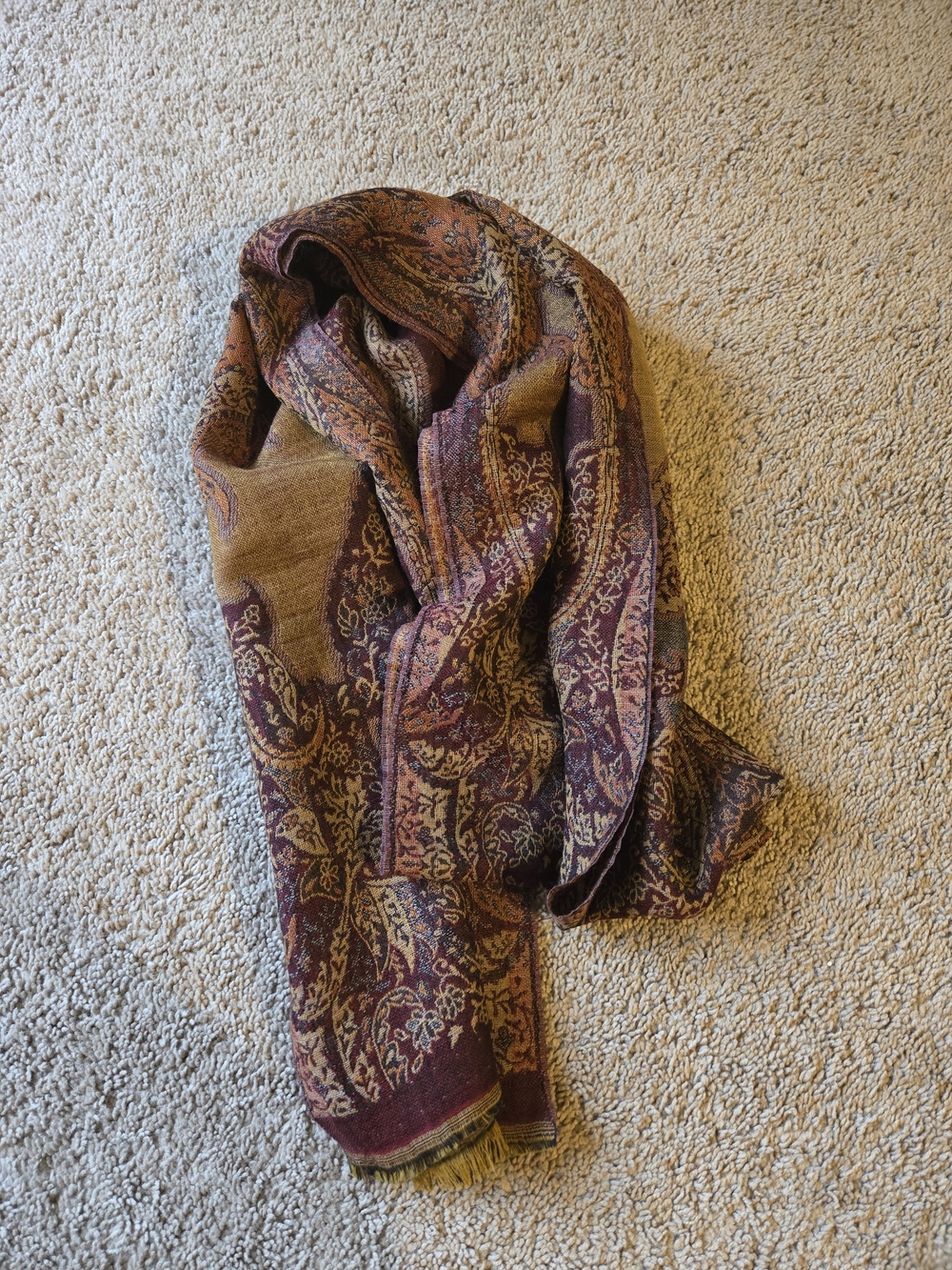 Paisley Pattern Lightweight Wrap Scarf in Burgundy and Tan